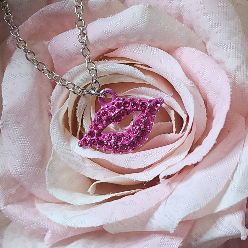Vintage Necklace With Sexy Pink Smooch Lips Metal and Gems Pendant